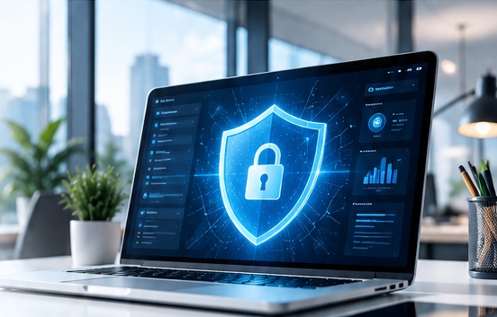 Laptop showing a protective shield on the screen